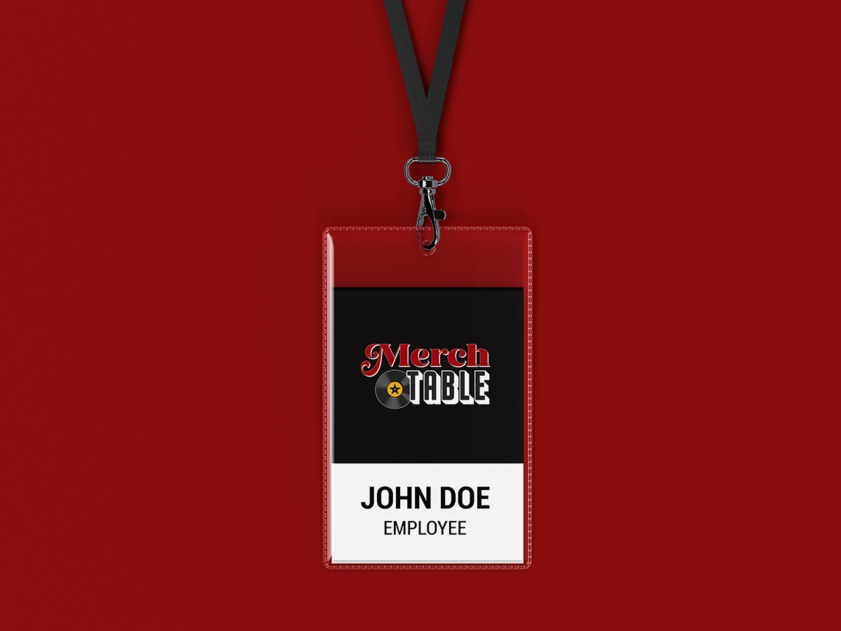 Merch Table employee ID badge with lanyard mockup